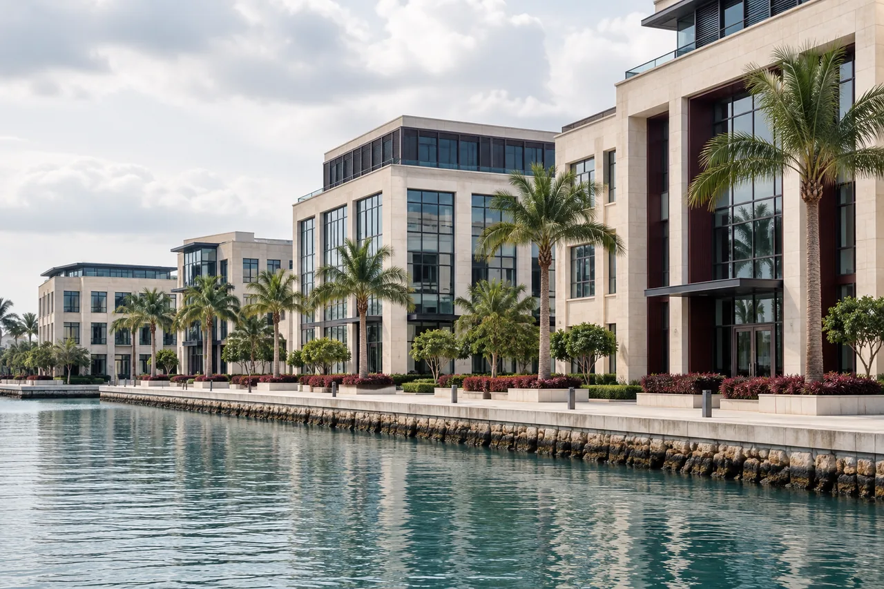 Illustrative waterfront commercial buildings in a coastal setting